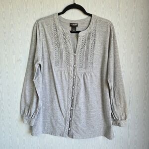 Lane Bryant Top Womens 14/16W Jersey Long Sleeve Button Down Boho Ruffled Gray